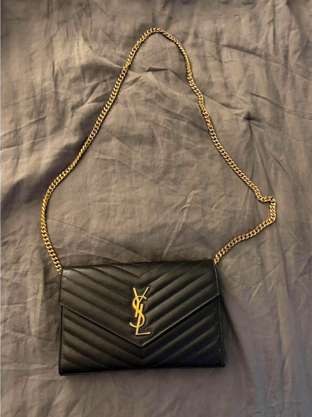 Saint Laurent Black Leather Chevron Crossbody with Gold YSL Chain